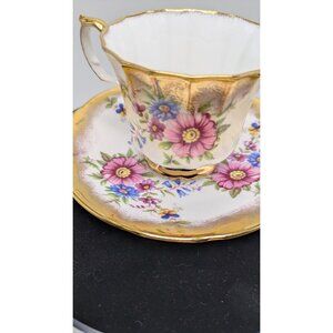 Elizabethan Bone China Floral Cup & Saucer Set Gold Trim England